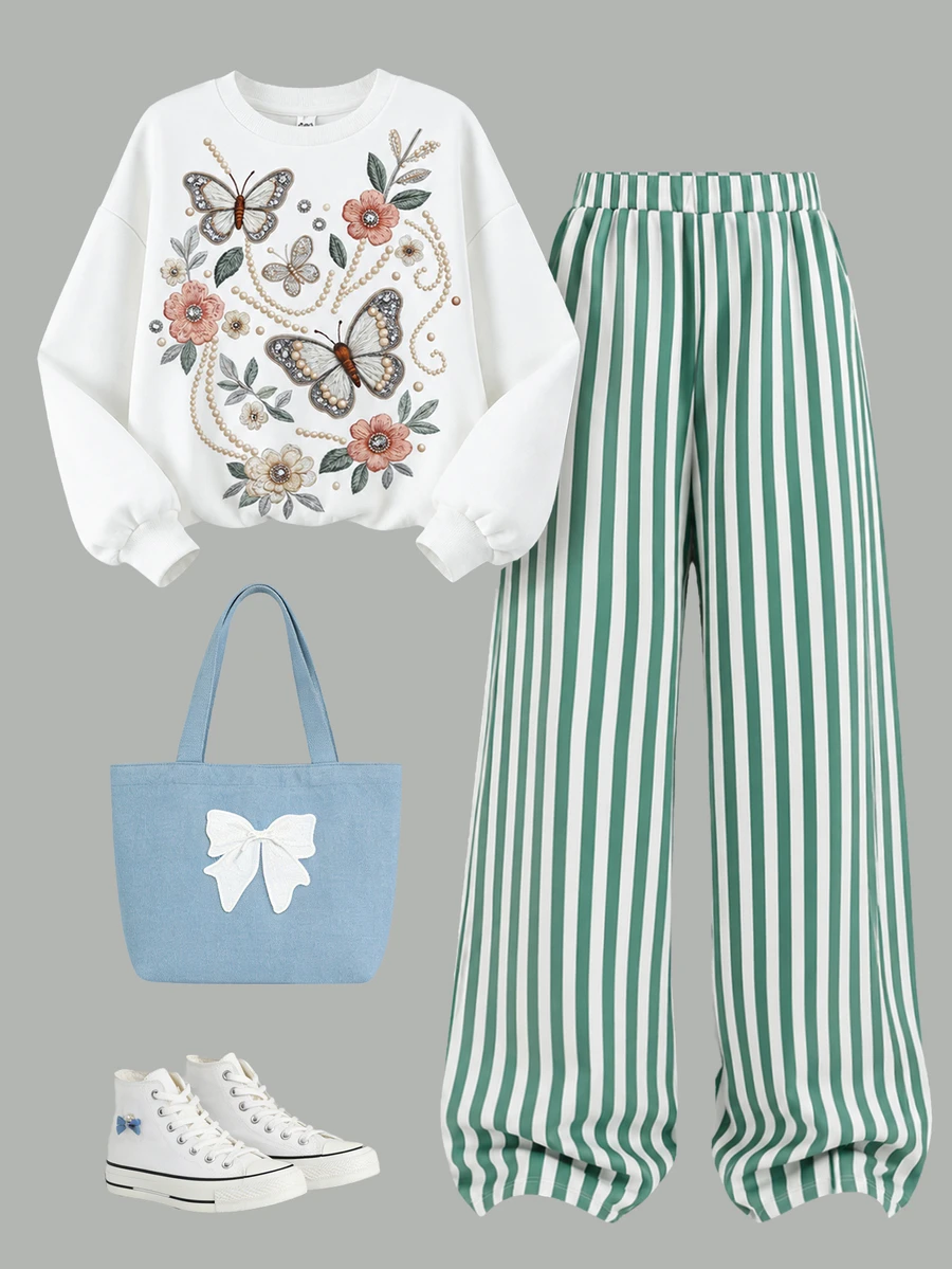 SHEIN Kids Girls Floral Print Crew Neck Loose Sweatshirt & Striped Wide Leg Sweatpants Casual Sweatshirt Set - Green - View 1