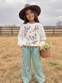 SHEIN Kids Girls Floral Print Crew Neck Loose Sweatshirt & Striped Wide Leg Sweatpants Casual Sweatshirt Set - Green - View 2