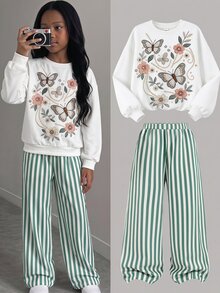 SHEIN Kids Girls Floral Print Crew Neck Loose Sweatshirt & Striped Wide Leg Sweatpants Casual Sweatshirt Set - Green - View 12