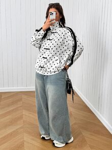 SHEIN EZwear 大尺碼女款白色拼接休閒性感牛仔寬鬆長袖夾克，適合日常、度假、正式場合與機場穿搭，秋季款 - 黑與白 - 查看 5