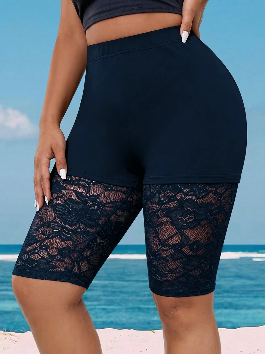 SHEIN Clasi Plus Size Versatile Contrast Lace Leggings Gym Sports Navy Blue Summer - Navy Blue - View 1