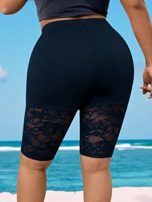 SHEIN Clasi Plus Size Versatile Contrast Lace Leggings Gym Sports Navy Blue Summer - Navy Blue - View 2