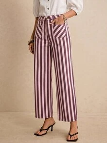 SHEIN Tall 女款時尚條紋對比色鈕扣口袋牛仔褲 教師穿搭女裝 - 粉色 - 查看 5