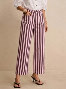 SHEIN Tall 女款時尚條紋對比色鈕扣口袋牛仔褲 教師穿搭女裝 - 粉色 - 查看 4