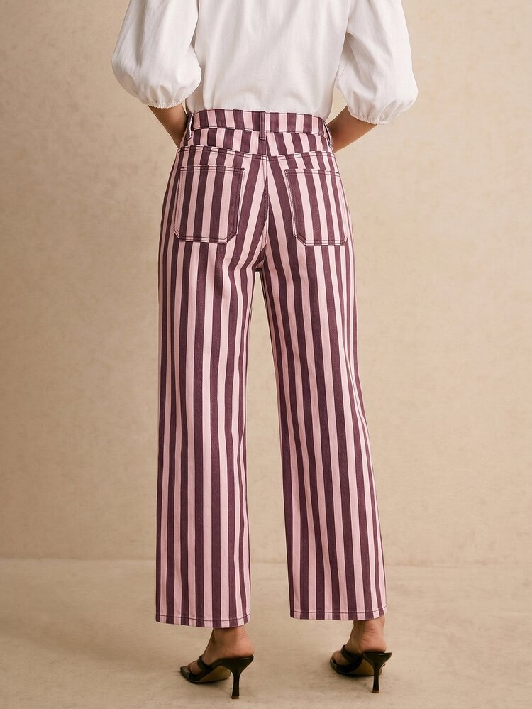 SHEIN Tall Women's Fashion Striped Contrast Color Button Pocket Denim Jeans Teacher Outfits For Women - Pink - View 2