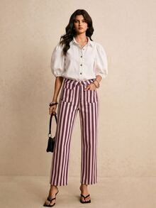 SHEIN Tall 女款時尚條紋對比色鈕扣口袋牛仔褲 教師穿搭女裝 - 粉色 - 查看 3