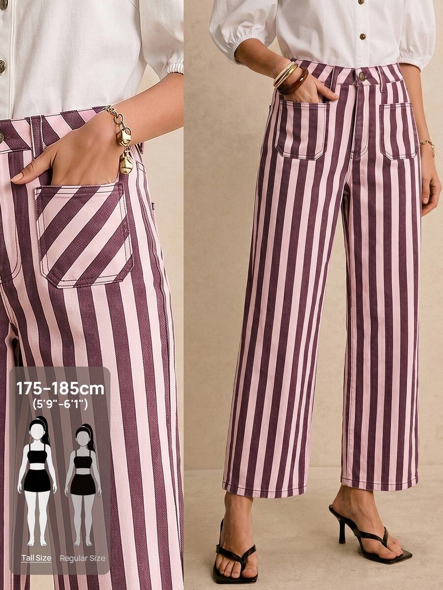 SHEIN Tall 女款時尚條紋對比色鈕扣口袋牛仔褲 教師穿搭女裝 - 粉色 - 查看 1