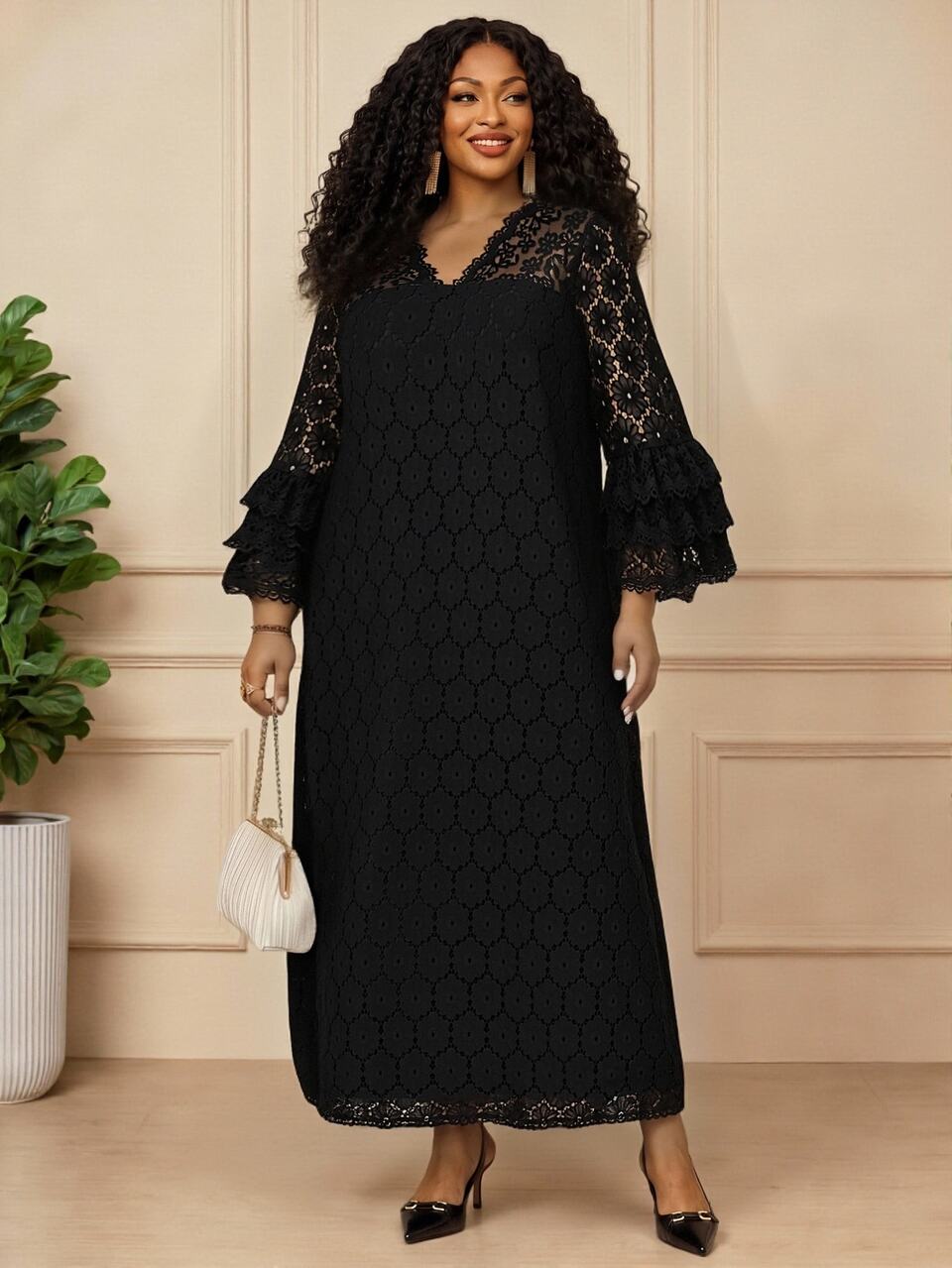Plus Size Women's Autumn/Winter Elegant Formal Party Evening Flounce Sleeve Lace Solid Black Long Dress,Fall,Christmas,Wedding,Ruffle Halloween
