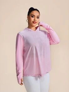 SHEIN Rhythm Era 加大码带拇指孔条纹高领长袖套头瑜伽服 - 粉色 - 查看 6