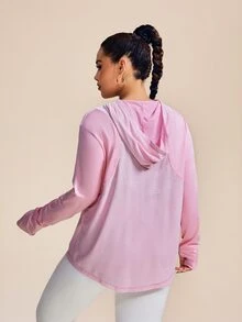SHEIN Rhythm Era 加大码带拇指孔条纹高领长袖套头瑜伽服 - 粉色 - 查看 3