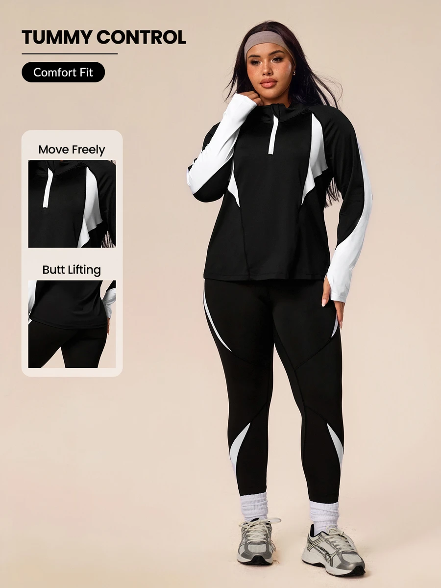 Rhythm Era Plus Size Neon Splice 2 Pieces Set, Half-Zip Long Sleeve Fitted Sweatshirt With Thumb Hole And Skinny High Waist Leggings Fall - Black and White - View 1