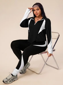Rhythm Era Plus Size Neon Splice 2 Pieces Set, Half-Zip Long Sleeve Fitted Sweatshirt With Thumb Hole And Skinny High Waist Leggings Fall - Black and White - View 5