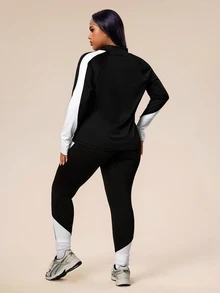 Rhythm Era Plus Size Neon Splice 2 Pieces Set, Half-Zip Long Sleeve Fitted Sweatshirt With Thumb Hole And Skinny High Waist Leggings Fall - Black and White - View 2