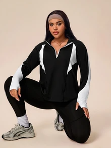 Rhythm Era Plus Size Neon Splice 2 Pieces Set, Half-Zip Long Sleeve Fitted Sweatshirt With Thumb Hole And Skinny High Waist Leggings Fall - Black and White - View 3
