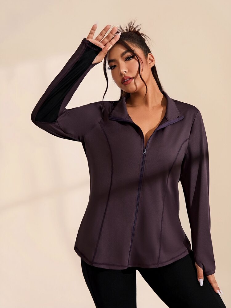 Rhythm Era Plus Size Zipper Front Sports Jacket Fall - Coffee Brown - View 5