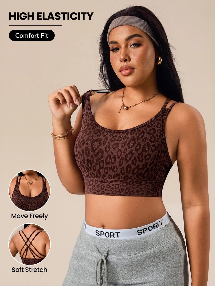 Rhythm Era Plus Size Women Seamless Leopard Print Criss-Cross Back Sports Bra Gym Sports Brown Summer - Brown - View 1