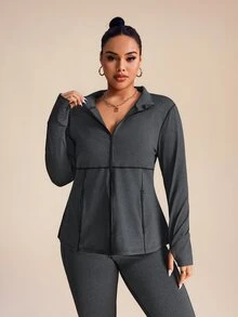 SHEIN Rhythm Era Women Plus Size Casual Striped Zip Up Stand Collar Jacket And Leggings Set, Autumn Gym Set Workout Women Set Fall - Dark Grey - View 5