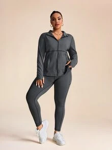 SHEIN Rhythm Era Women Plus Size Casual Striped Zip Up Stand Collar Jacket And Leggings Set, Autumn Gym Set Workout Women Set Fall - Dark Grey - View 4