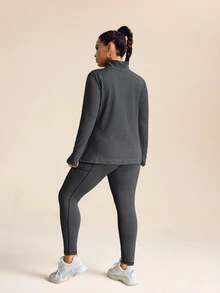 SHEIN Rhythm Era Women Plus Size Casual Striped Zip Up Stand Collar Jacket And Leggings Set, Autumn Gym Set Workout Women Set Fall - Dark Grey - View 3