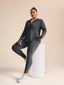 SHEIN Rhythm Era Women Plus Size Casual Striped Zip Up Stand Collar Jacket And Leggings Set, Autumn Gym Set Workout Women Set Fall - Dark Grey - View 6