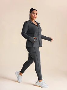 SHEIN Rhythm Era Women Plus Size Casual Striped Zip Up Stand Collar Jacket And Leggings Set, Autumn Gym Set Workout Women Set Fall - Dark Grey - View 7