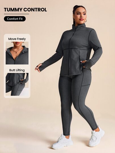SHEIN Rhythm Era طقم بحجم كبير للنساء بسوستة، بياقة واقفة ومخطط، جاكيت وجيليه، طقم جيم للخريف للنساء