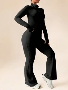 SHEIN Rhythm Era 1 件女式加大码公主线拉链夹克，带拇指孔和高腰喇叭裤两件套，适合所有季节的休闲健身女士套装 - 黑色 - 查看 7