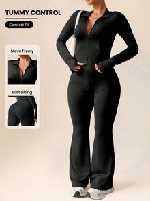 SHEIN Rhythm Era 1 件女式加大码公主线拉链夹克，带拇指孔和高腰喇叭裤两件套，适合所有季节的休闲健身女士套装 - 黑色 - 查看 2