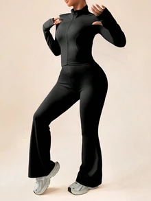 SHEIN Rhythm Era 1 件女式加大码公主线拉链夹克，带拇指孔和高腰喇叭裤两件套，适合所有季节的休闲健身女士套装 - 黑色 - 查看 8