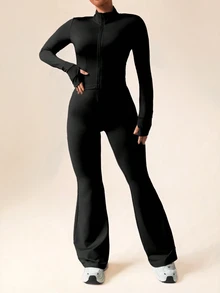 SHEIN Rhythm Era 1 件女式加大码公主线拉链夹克，带拇指孔和高腰喇叭裤两件套，适合所有季节的休闲健身女士套装 - 黑色 - 查看 9