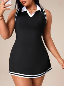 Rhythm Era Plus Size Women Striped Sleeveless Sports Dress With Shorts - Multicolor - View 7