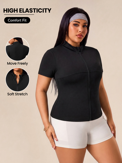SHEIN Rhythm Era Plus Size Dopamine Black Raglan Short Sleeve Zip-Up Jacket Sports Gym Summer