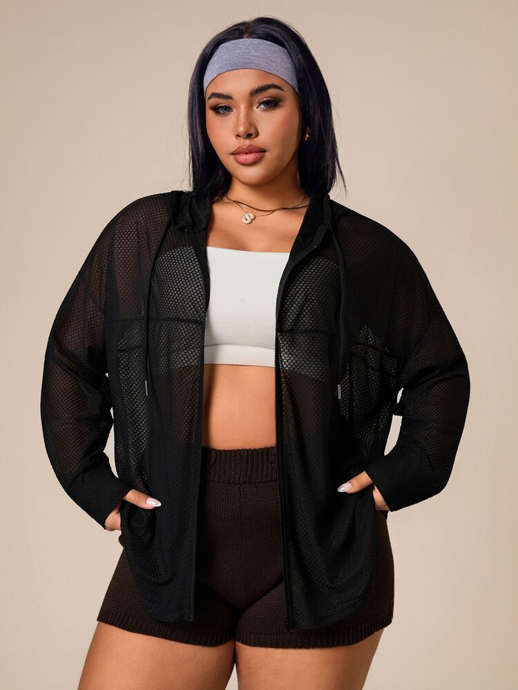 Rhythm Era Plus Size Solid Color Sheer Jacquard Hooded Long Sleeve Sports Jacket Fall - Black - View 3