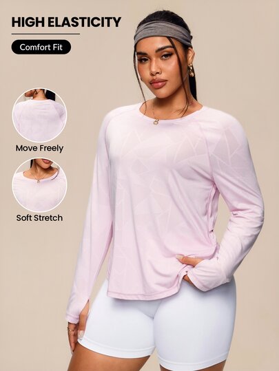 SHEIN Rhythm Era تي شيرت طويل الأكمام فضفاض ذو قصة مخسة للمقاسات الكبيرة، بطبعات هندسية جاكارد رياضية، لون وردي