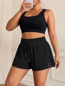 Rhythm Era Plus Size Women Sports Yoga Outdoor Gym Shorts, Mesh Patchwork Waistband With Drawstring - Black - View 9