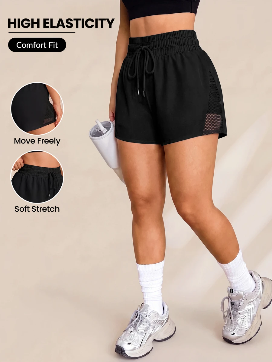 Rhythm Era Plus Size Women Sports Yoga Outdoor Gym Shorts, Mesh Patchwork Waistband With Drawstring