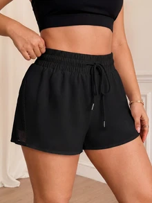 Rhythm Era Plus Size Women Sports Yoga Outdoor Gym Shorts, Mesh Patchwork Waistband With Drawstring - Black - View 10