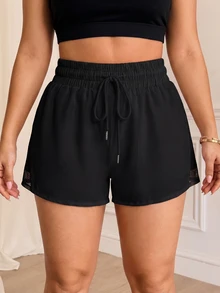 Rhythm Era Plus Size Women Sports Yoga Outdoor Gym Shorts, Mesh Patchwork Waistband With Drawstring - Black - View 6