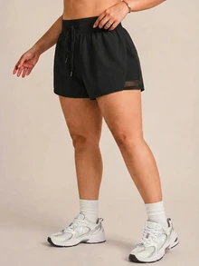 Rhythm Era Plus Size Women Sports Yoga Outdoor Gym Shorts, Mesh Patchwork Waistband With Drawstring - Black - View 5