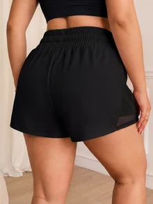 Rhythm Era Plus Size Women Sports Yoga Outdoor Gym Shorts, Mesh Patchwork Waistband With Drawstring - Black - View 3