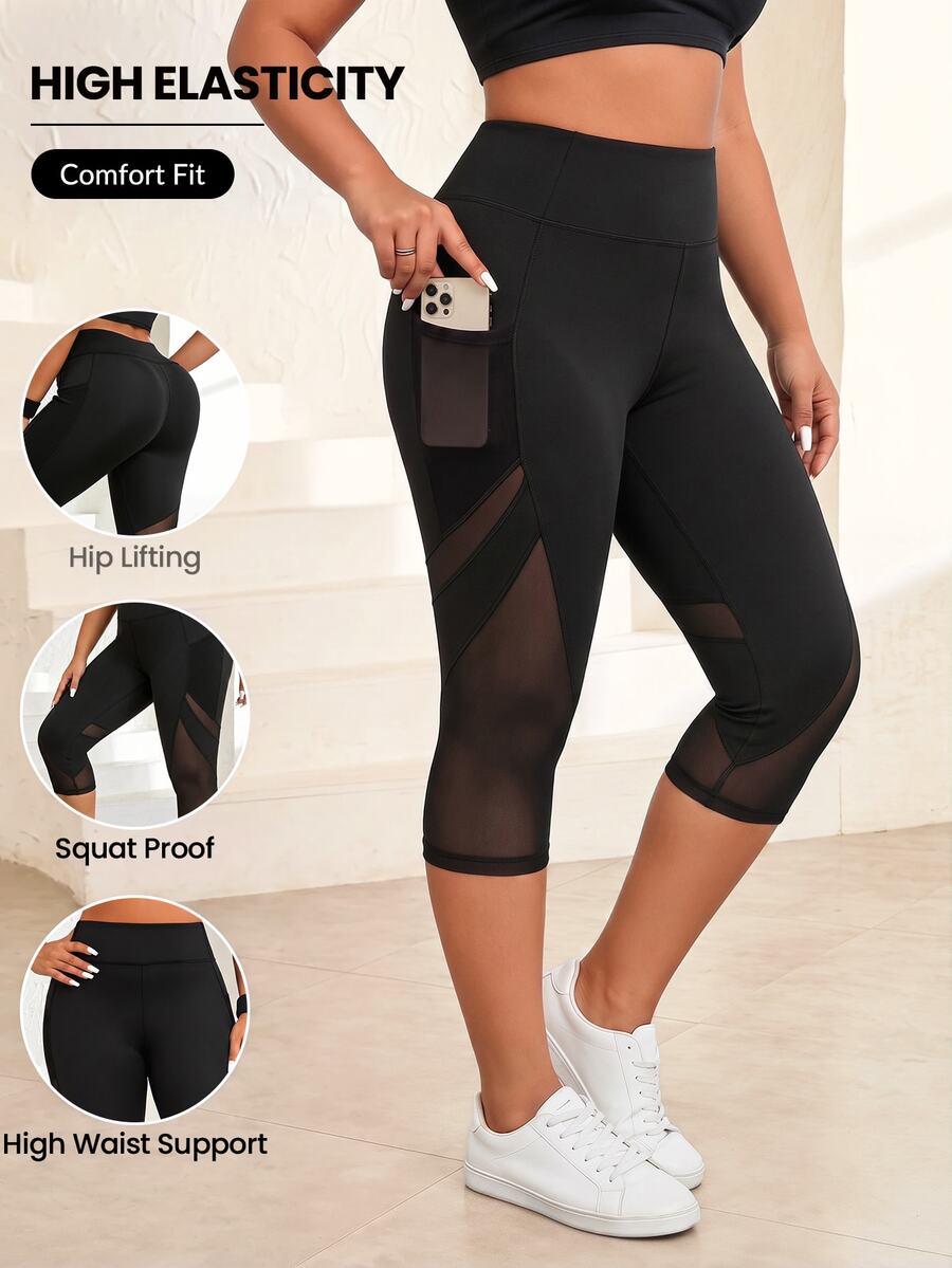 SHEIN Rhythm Era Plus Size 3/4 Length Sports Leggings Gym Sports Black Summer - Black - View 1