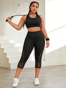 SHEIN Rhythm Era Plus Size 3/4 Length Sports Leggings Gym Sports Black Summer - Black - View 5