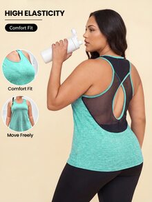 SHEIN Rhythm Era Plus Size Summer Casual Mesh Patchwork Hollow Out Sports Tank Top - Teal Blue - View 2