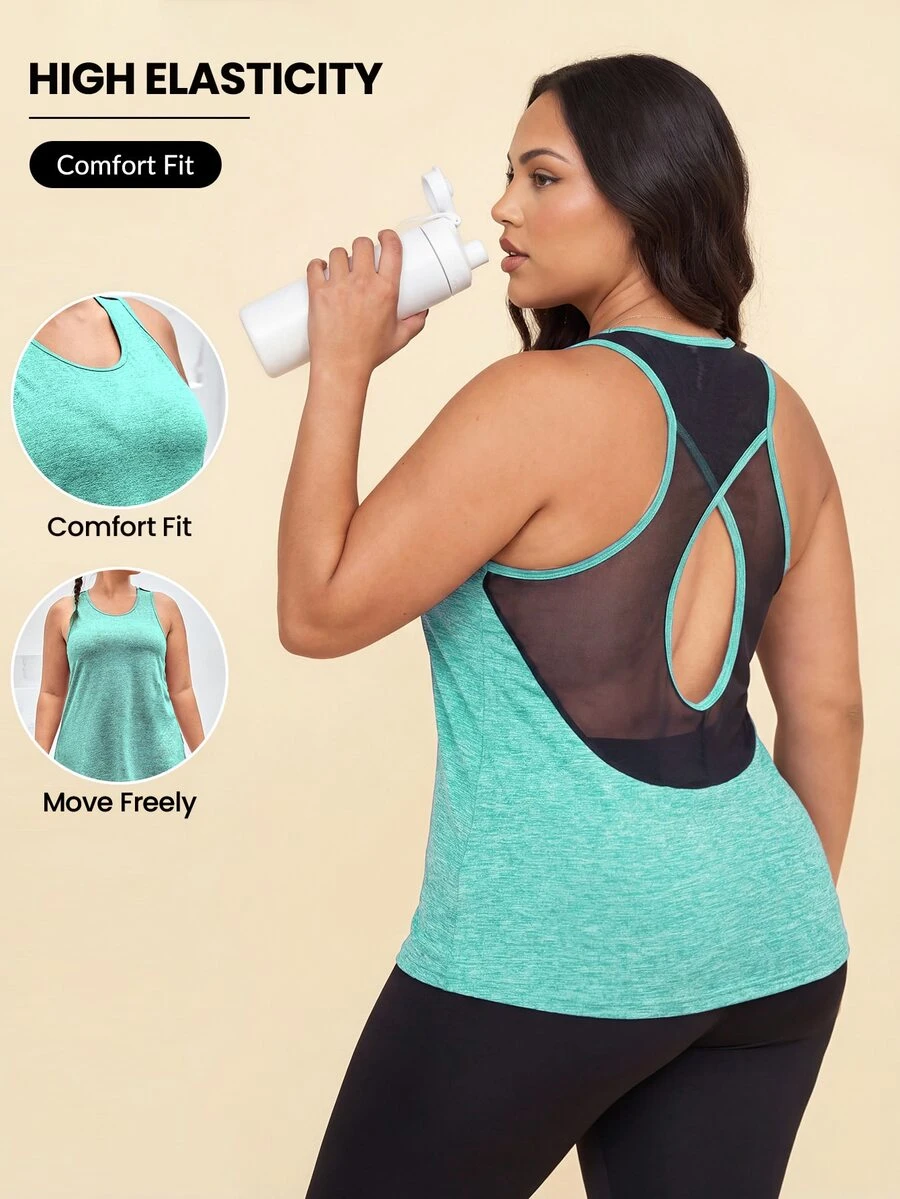 SHEIN Rhythm Era Plus Size Summer Casual Mesh Patchwork Hollow Out Sports Tank Top