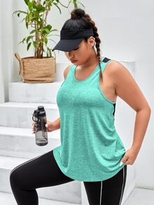 SHEIN Rhythm Era Plus Size Summer Casual Mesh Patchwork Hollow Out Sports Tank Top - Teal Blue - View 7
