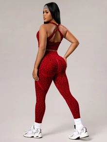 Rhythm Era Plus Size Women Leopard Print Jacquard Backless Halter Top And Leggings Sports Suit - Red - View 4
