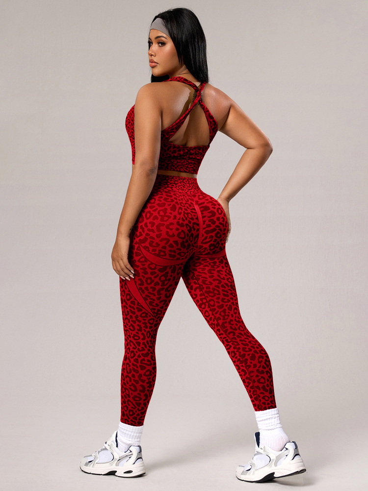 Rhythm Era Plus Size Women Leopard Print Jacquard Backless Halter Top And Leggings Sports Suit - Red - View 3