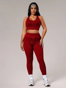 Rhythm Era Plus Size Women Leopard Print Jacquard Backless Halter Top And Leggings Sports Suit - Red - View 5
