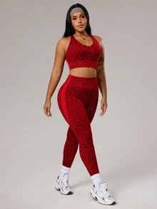 Rhythm Era Plus Size Women Leopard Print Jacquard Backless Halter Top And Leggings Sports Suit - Red - View 7