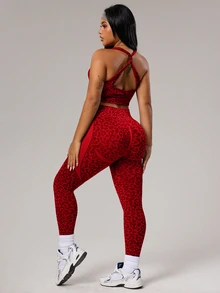 Rhythm Era Plus Size Women Leopard Print Jacquard Backless Halter Top And Leggings Sports Suit - Red - View 6